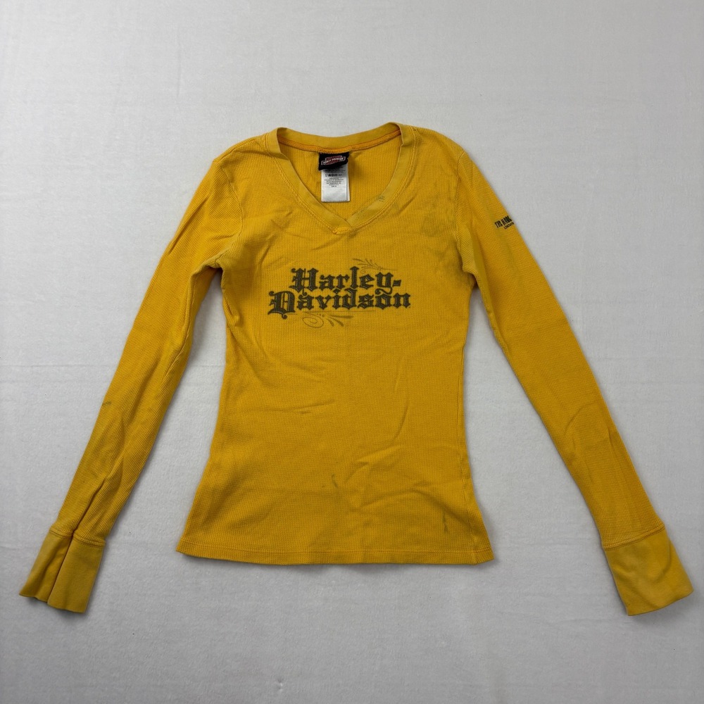 Harley Davidson Women Yellow Long Sleeve Thermal V-Neck Shirt Size M Gothic Logo
